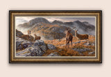 Framed print of oil painting by Martin Ridley of Red Deer stage with hinds.