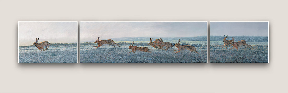 Frosty Morning Chasing Brown Hares Triptych