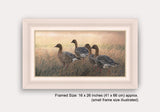  white framed artwork of alert geese on grass land 
