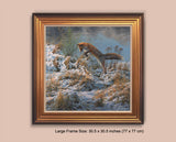 Framed print of leaping red fox. 