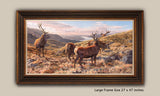 Framed print of red deer stags. "Stags above Loch Sunart" by Martin Ridley