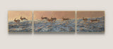 Picture of eight running brown hares in a triptych format