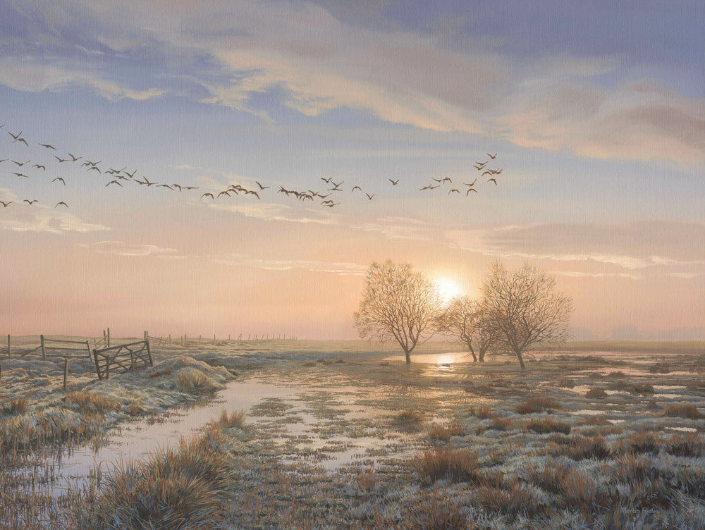 Atmospheric Canvas Print of Pink-footed Geese Skein in Flight