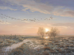 Atmospheric Canvas Print of Pink-footed Geese Skein in Flight